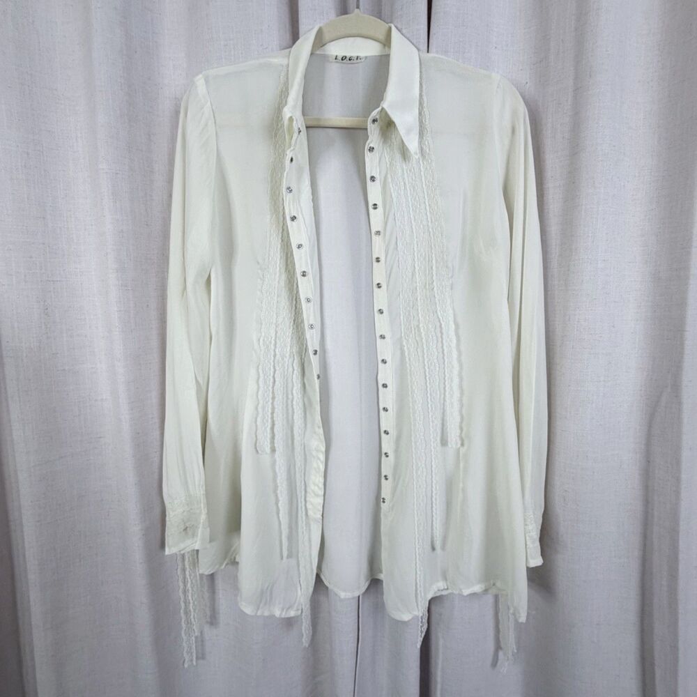 cream sheer lace women's blouse hidden snap front victorian edwardian poet top - Picture 3 of 11